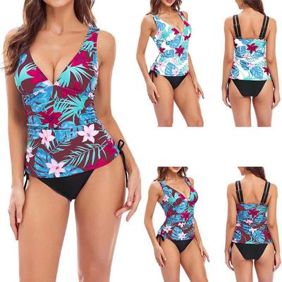 Women Floral Printed Tankinis Women Drawstring Pad Up V Neck Conservative Swimsuits