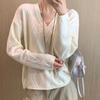 Hollow Out Women's Knitwear Off‑white V-neck Scalloped Trim Long Sleeved Pullover Korean Style Spring New Version Sweet Woman Top