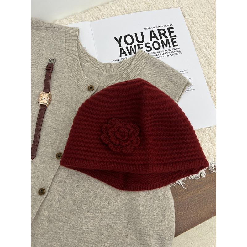 All Wool Flower Hat for Women Sweet and Handcrafted Woolen Knitted Hat  Winter Warm Ear Protecting Hat
