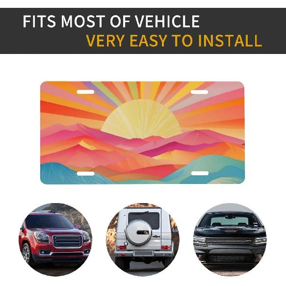Boho Sunset Front License Plate for Women Car Vanity Plates Decorative Aluminum Metal Cute Novelty License Plate Cover for Men 6x12 Inch (4 Holes)