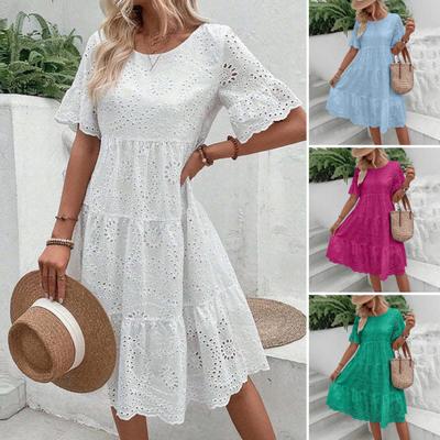 Vestido de verano para mujer, cuello redondo, mangas cortas de cuerno, línea A, retales plisados, Color sólido, gran oscilación, bordado, vestido a media pierna para vacaciones en la playa