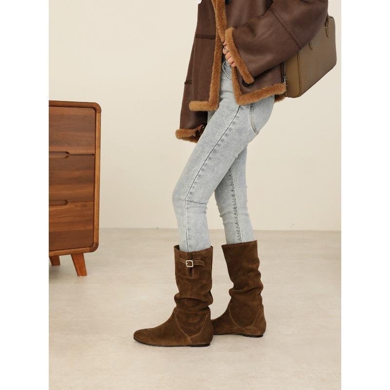 Cowhide Version~ Skinny Inner Height-increasing Boots Suede Knight Boots Women's Round Head But Knee Boots Folded Western Boots