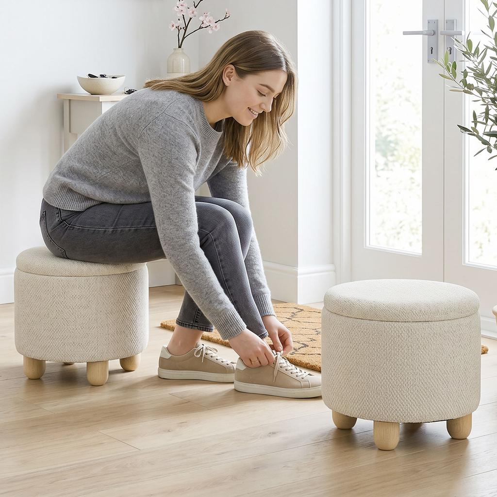 Round Jute Storage Ottoman, Footrest with Lid, Hevea Wood Legs, Beige
