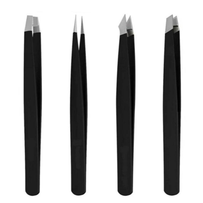 

4 шт. Пинцеты для бровей из нержавеющей стали с острым, скошенным и плоским кончиками, клипсы для удаления волос, триммер для бровей, инструменты для макияжа и красоты для наращивания ресниц чёрный