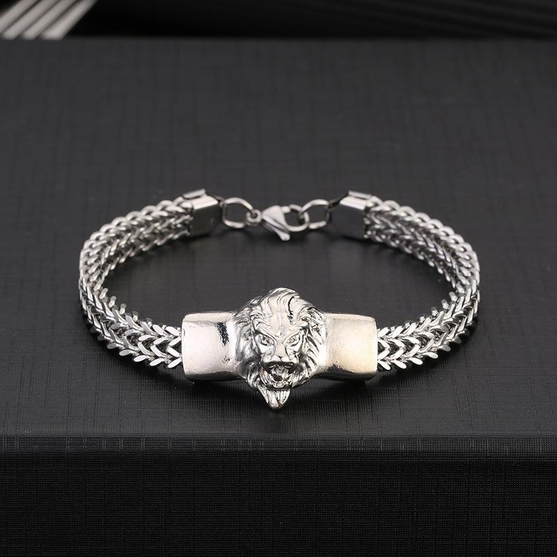 Viking Bracelet  Domineering Lion Head Animal Bracelet Men's Stainless Steel Braided Chain Wristband Bracelet Hip-Hop Trendy Jewelry