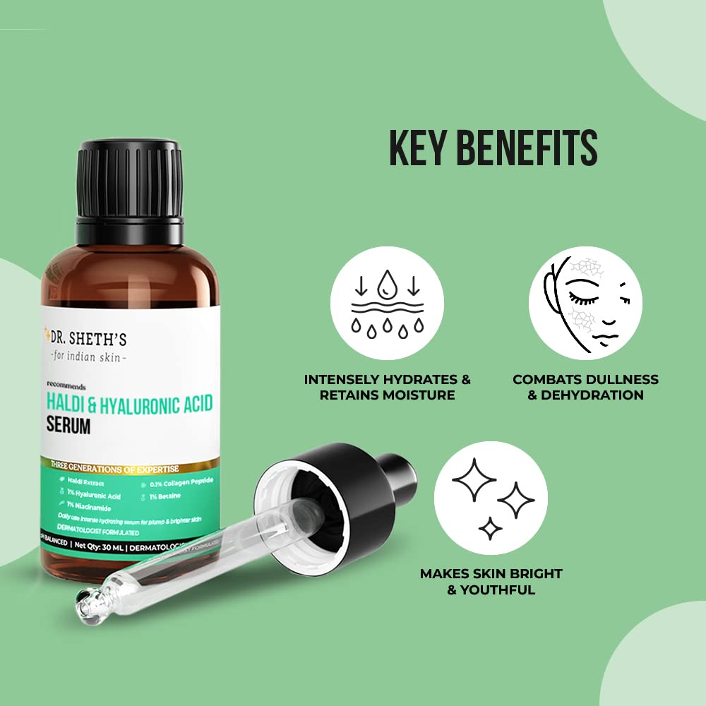 Dr. Sheth's Haldi & Hyaluronic Acid Face Serum With Niacinamide Collagen Peptide 30 mL For Hydrated Plump Skin