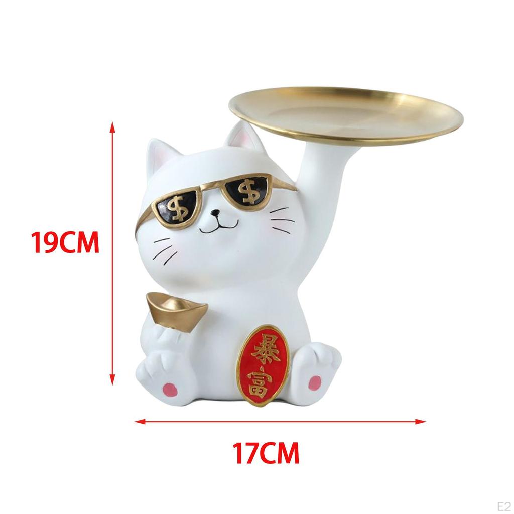 Kreative Glückskatzen-Statue mit Tablett Schlüsselhalter Harz-Kätzchen-Figur Ornament Schreibtisch-Organizer für