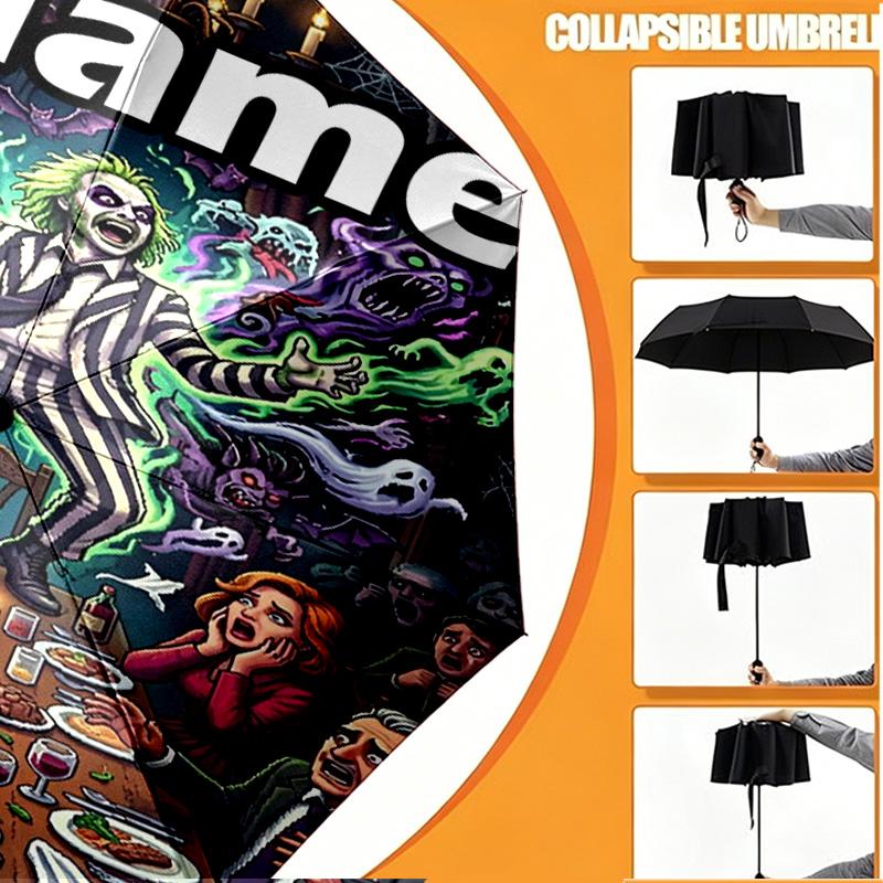 Custom Name Personalized Bride of Chucky Print Umbrella, Auto Open Close, 8‑Rib Sturdy Frame, Commute Camping Hiking Use, Birthday Gift