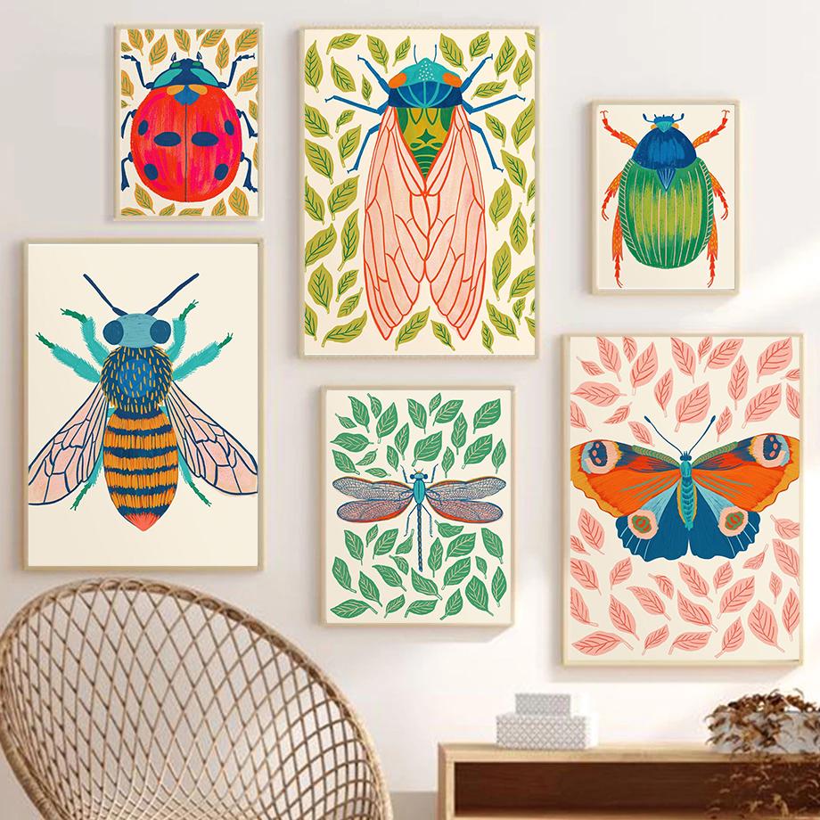 Interesting Retro Natural Cartoon Insect Art Poster Canvas Printing Living Room Bedroom Children's Room Home Decoration Gift
