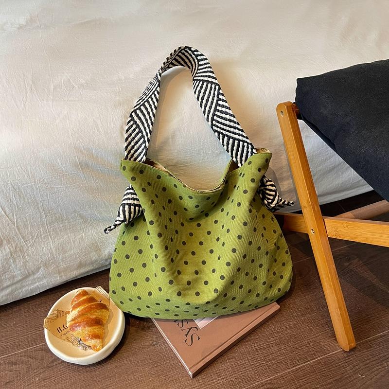 Polka Dot Corduroy Shoulder Bag Casual Hobo Tote with Striped Strap Large Capacity Handbag
