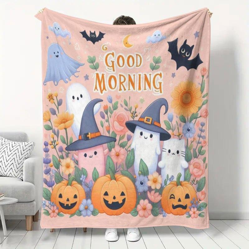 1pc Halloween Theme Cute Little Ghost Print Flannel Blanket, Office Nap Blanket, Dormitory Nap Shawl Blanket, Home Sofa Casual Warm Blanket, Bed And R