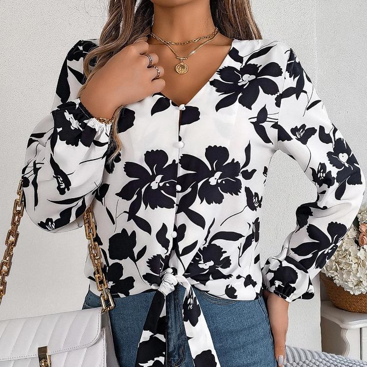 Women V-Neck Long Sleeve Blouse Stylish Print Shirt for Spring Autumn Season