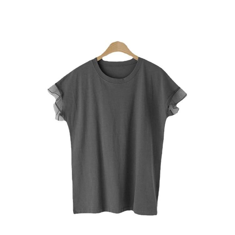 New Summer Mesh Ruffled Round Neck Cotton T-shirt for Women