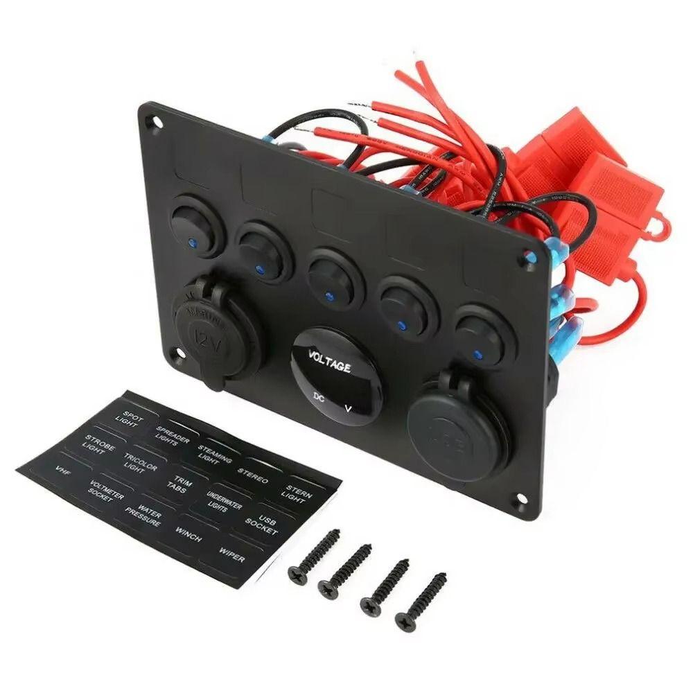 Dual USB Socket 5 Gang Switch Panel 12V/24V ON-OFF Toggle For Car Inline Fuse Box  RV