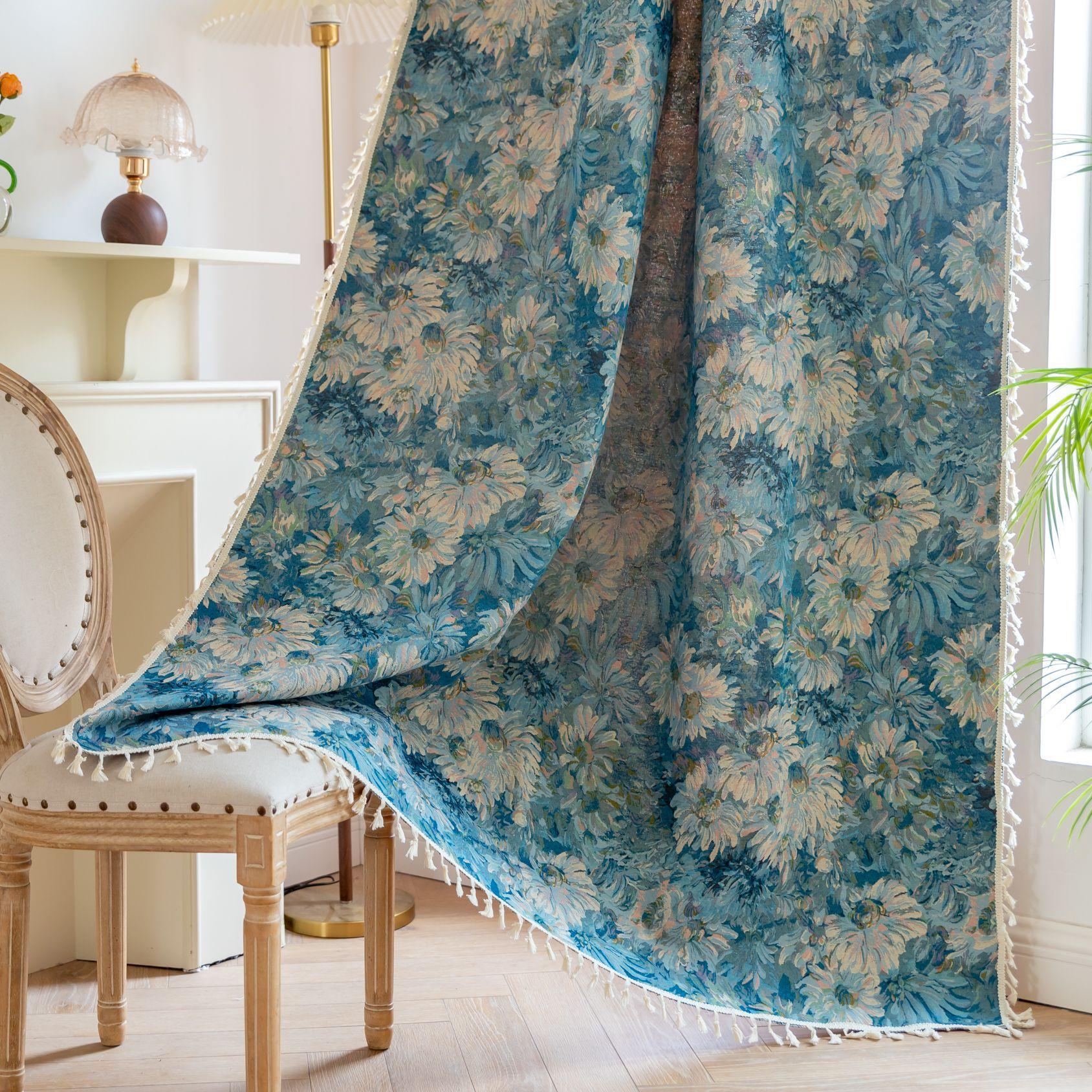 

Floral Curtains for Bedroom, Jacquard Drapes Floral Patterned Boho Living Room Window Curtains Farmhouse Decor Window Treatments W150xH100cm&Rod Pocket