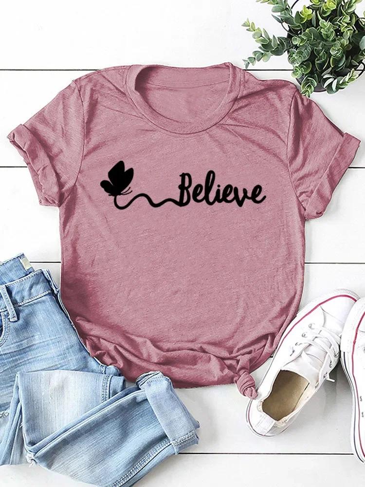 Butterfly Believe Letter Print Women T Shirt Short Sleeve O Neck Loose Women Tshirt Ladies Tee Shirt Tops Camisetas Mujer