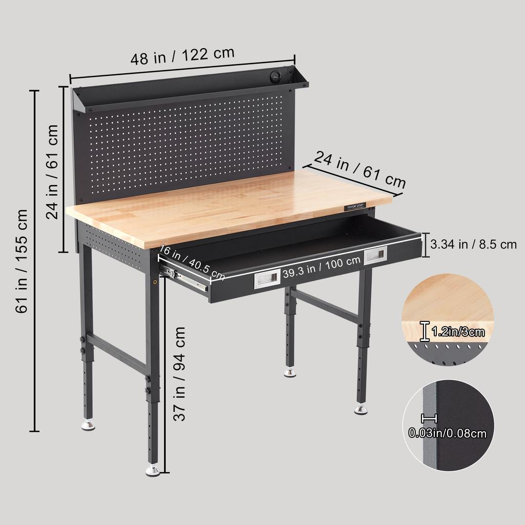 SucceBuy 2000lbs Hardwood Workbench Heavy Oak Plank Work Table Carbon Steel with 3m Cable 30 Hooks for Garage Office Workshop