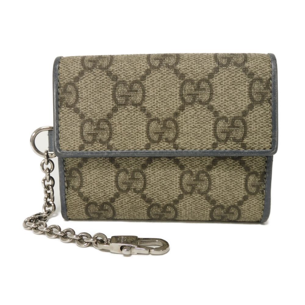 Used GG Supreme Mini Wallet 256442 7942 with Key Ring Chain, Blue Gray, 9539. Double G Beige Unisex from Japan AUTHENTIC