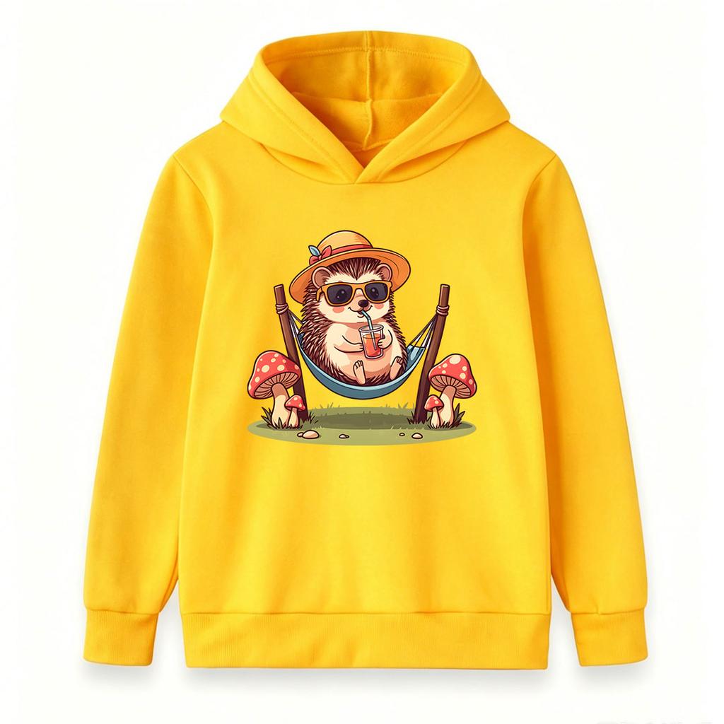Kids Boys Girls Pullover Hoodie, Cute Hedgehog Chill on Hammock With Summer Drink Mushroom Printed Casual Soft Hooded Sweatshirt For Children Daily Ou