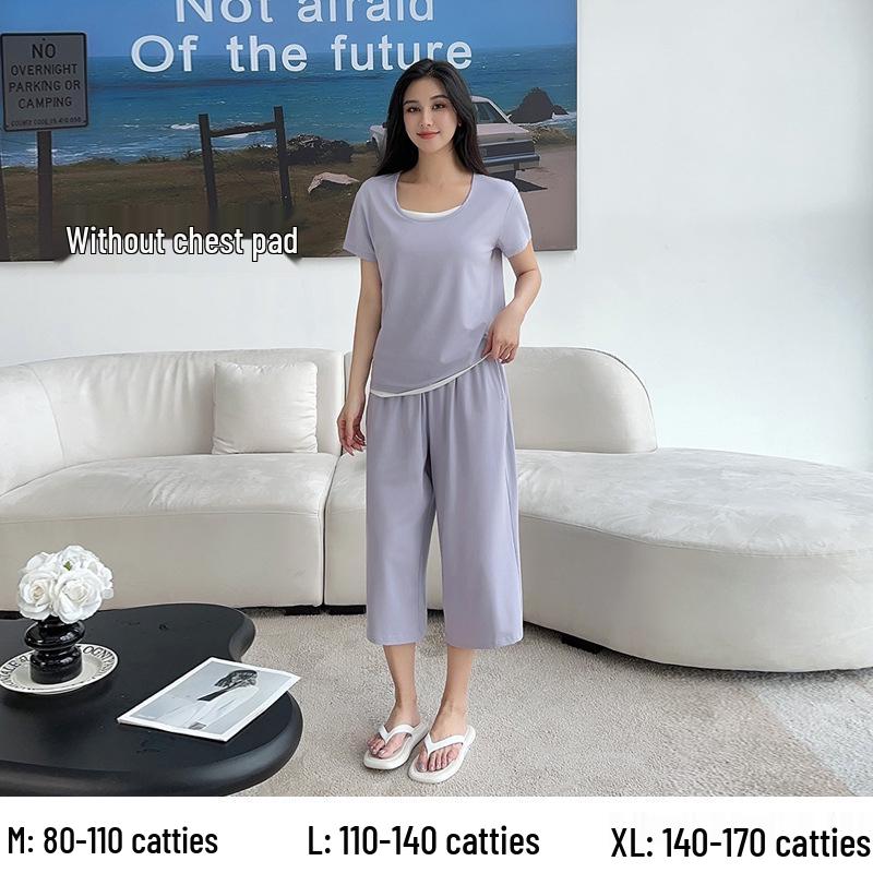 Women's Summer Short-Sleeve Modal Cotton Pajama Set with Chest Pad