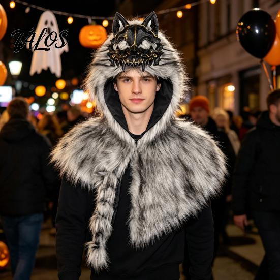 Černozlaté Vikingové Doplňky Šála s hlavou vlka, Plášť s kapucí z umělé kožešiny pro kostým Script Killing, Halloweenský Cosplay Párty Scéna