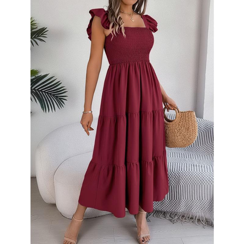 Women's Summer Square Collar Wooden Ear Edge Waist A-line Long Dress