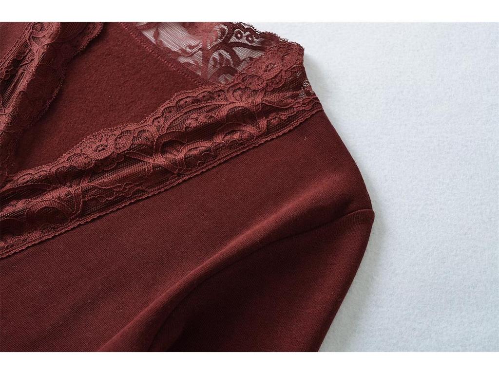 Korean Style Lace Trim V-Neck Slim-Fit Fleece Long Sleeve Women's Top
