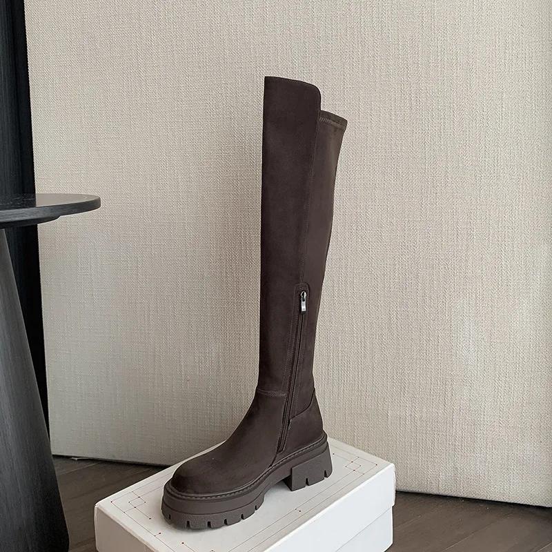 Platform Knee High Boots for Women Autumn Winter Slip On Leather Boots Woman Elastic Thick Soled Over Knee Botas
