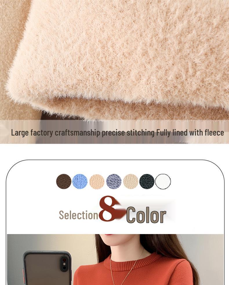 2025 Women's Autumn/Winter Half-High Collar Velvet-Lined Knit Sweater