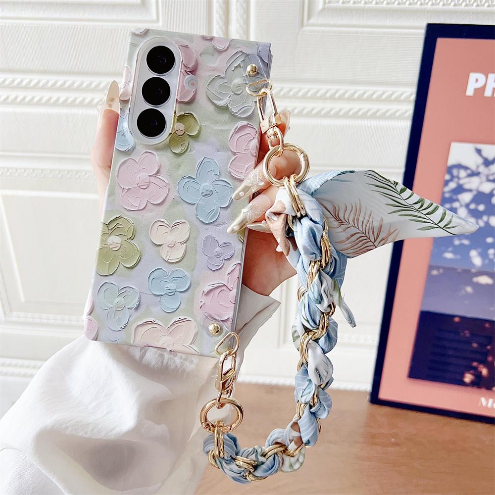 Relief Flower Phone Case For Samsung Galaxy Z Fold 7 5G Scarves Bracelet Hand Strap Protective PC Hard Shell Fold7 Back Cover