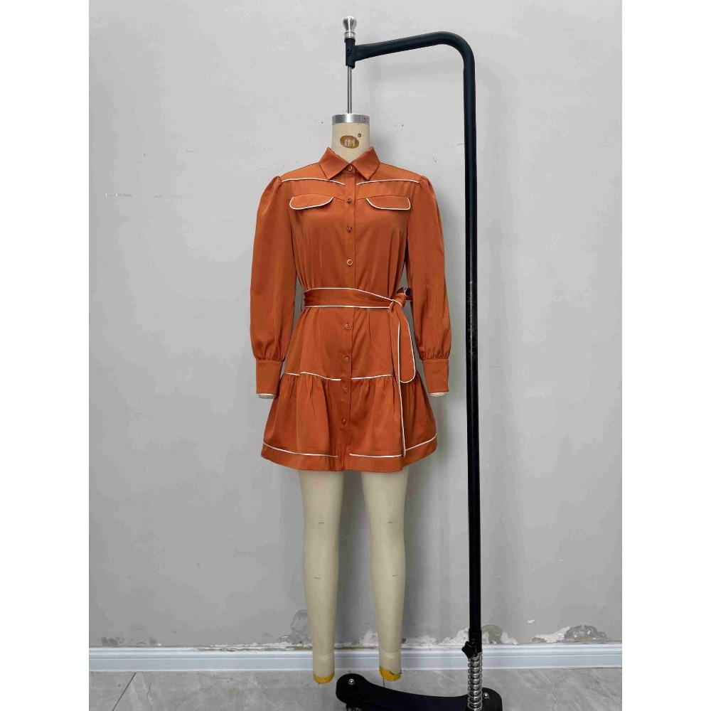 European and American fashion caramel contrasting color bright line decoration and belt tying waist strap design satin shirt dress european and american size s