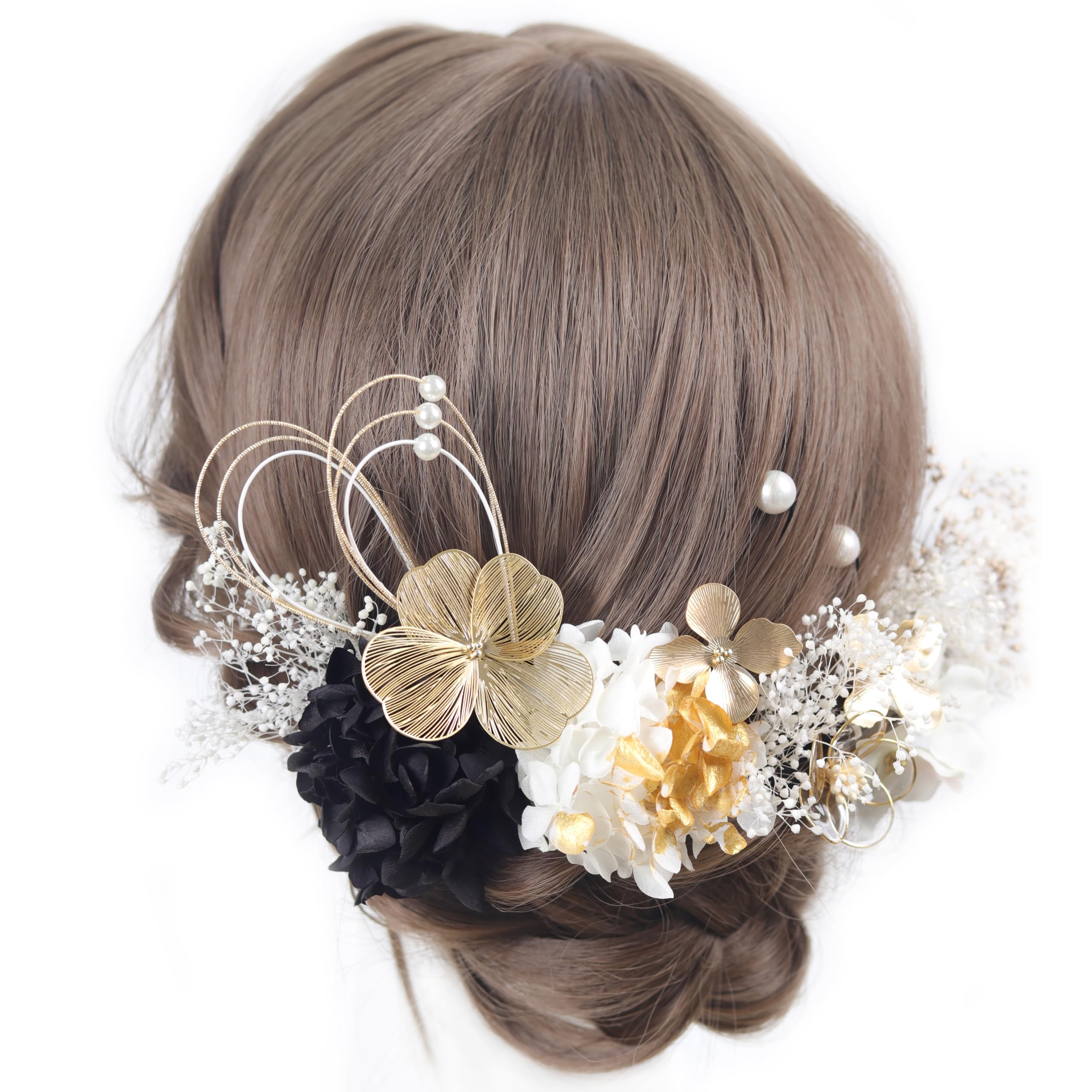 

Gold Flower Hair Ornament with and Perfect for Fireworks and Summer [NANA Handmade] Hydrangea, Baby s Breath, Mizuhiki. Coming-of-Age Ceremonies, чёрный