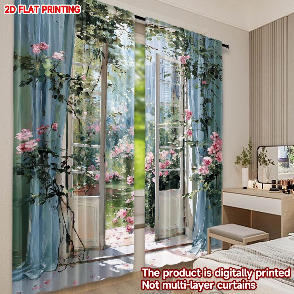 Pink Floral Vine Curtains Digital Printing Delicate Blossoms Green Leaves Fabric Bedroom Living Room Decor Light Filtering Set Of 2 Made Polyester
