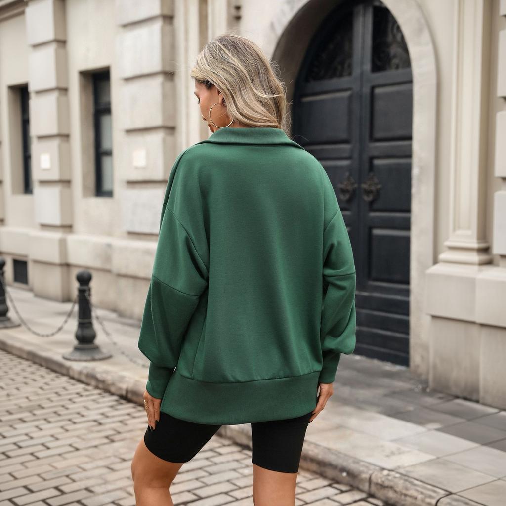 Women's Casual Fall Winter Color High Neck Button Long Sleeve Loose Fit Sweatshirt
