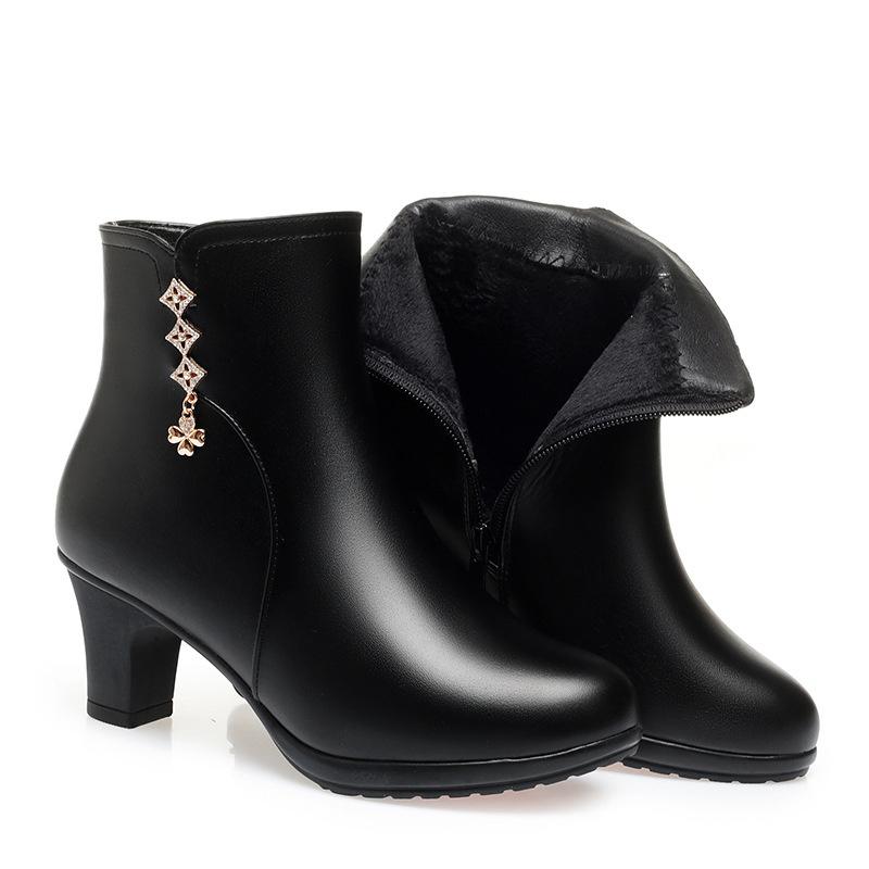 Autumn Winter Women's Leather Boots New Fashion Waterproof Side Zipper High Heels Non-slip Lightweight Warm Cotton Boots