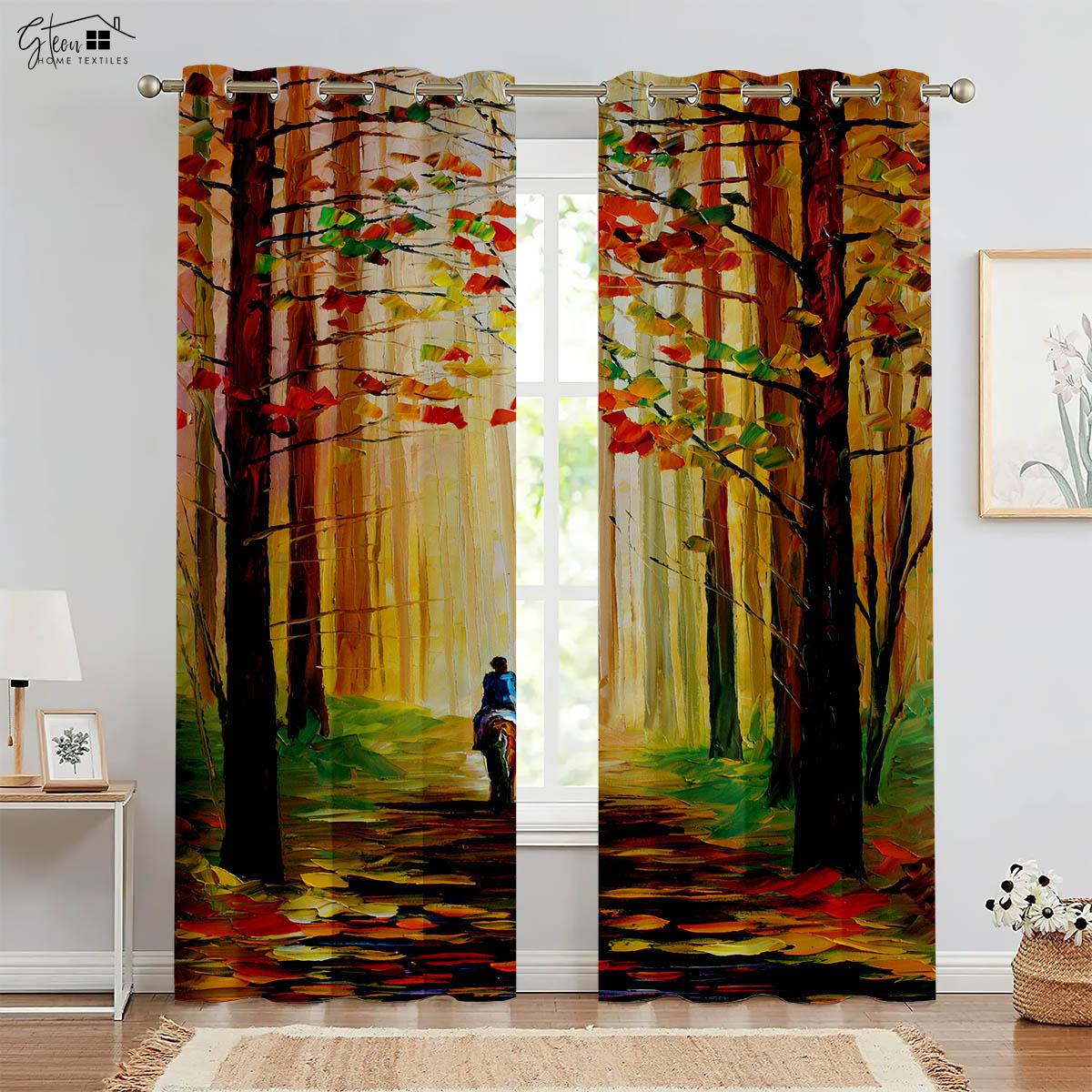 

Ins Oil Painting Drapes Nordic Pastoral Sunflower Flowers Maple Forest Autumn Bedchamber Livingroom Space Study Print Drapes W50xH130(CM)x2PCS&Grommet Top