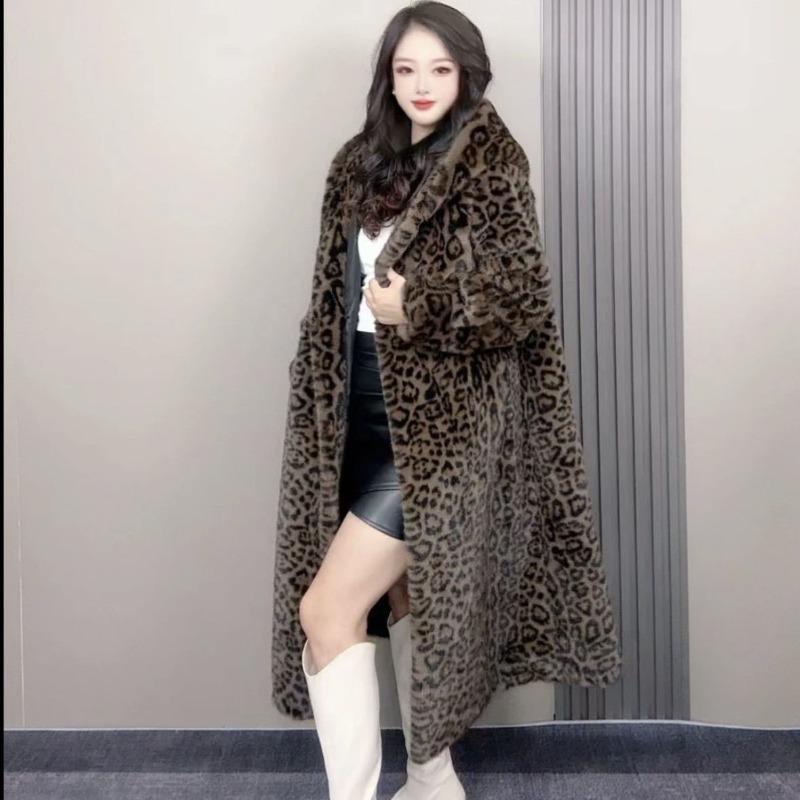 Autumn and Winter New Hooded Hairy Imitation Mink Fur Leopard Print Extended Loose Coat