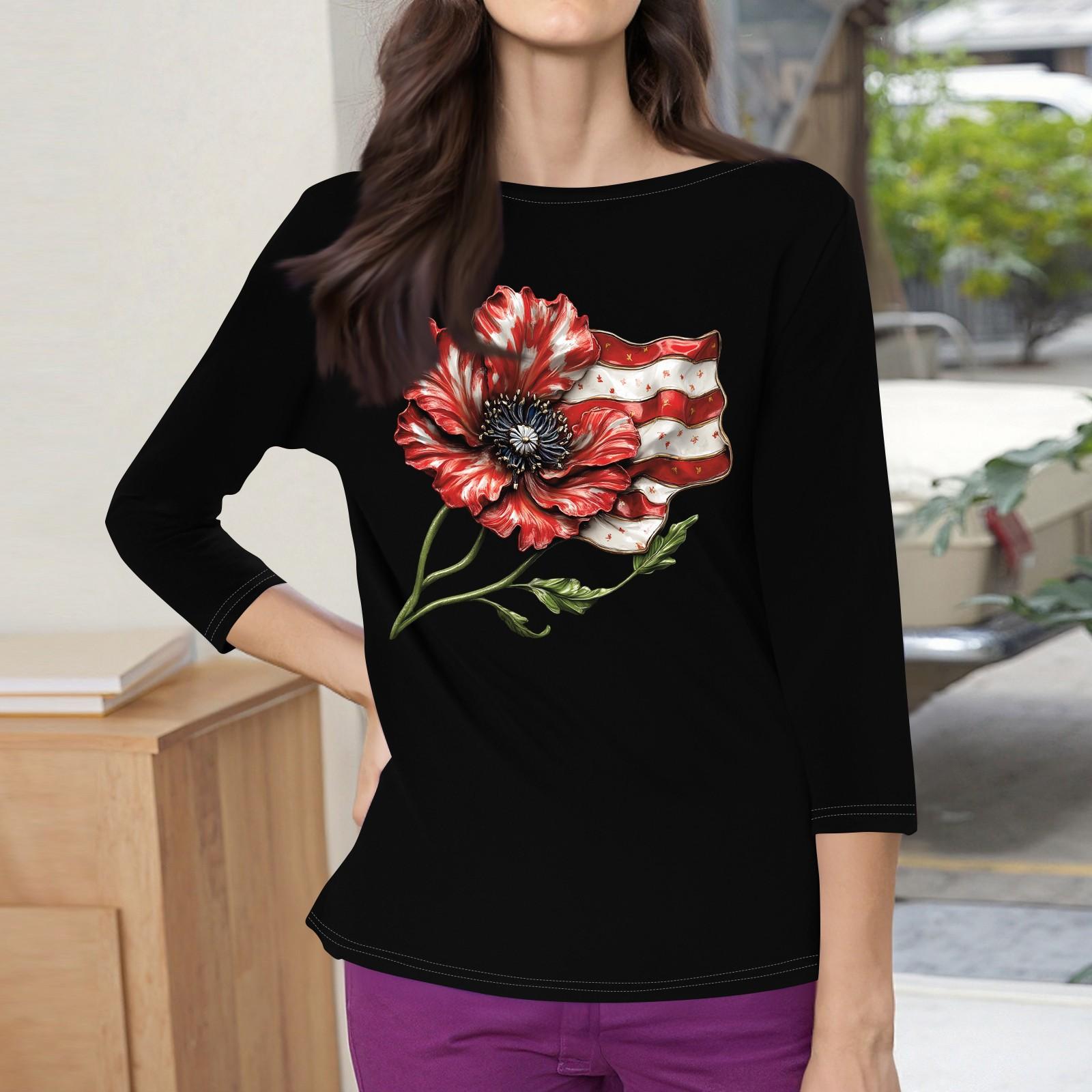 

Топы с рукавами 3/4 для женщин, футболка, повседневные топы с принтом, футболка, пуловер с круглым вырезом, блузка XXL