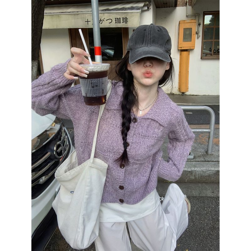 Kumikumi Sweet Style Purple Niche Age-Reducing Temperament Long Sleeve Knit Women Clothes Autumn Loose All-Match Top