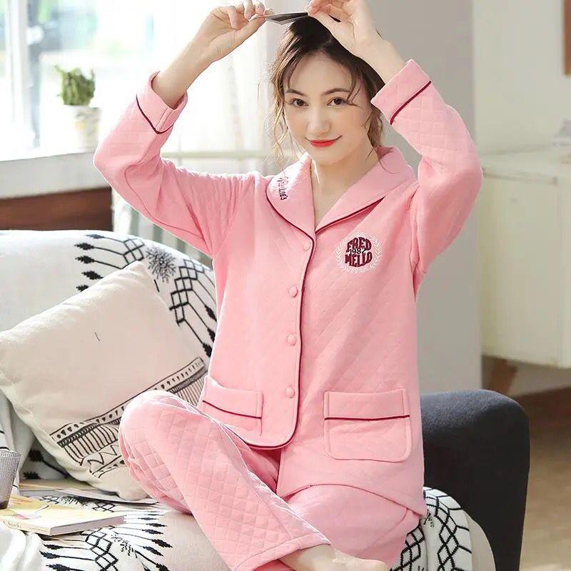 

Женская антибактериальная пижама из стеганого хлопка 5А - Толстая, больших размеров, осенне-зимняя домашняя одежда 3XL (80-90kg)