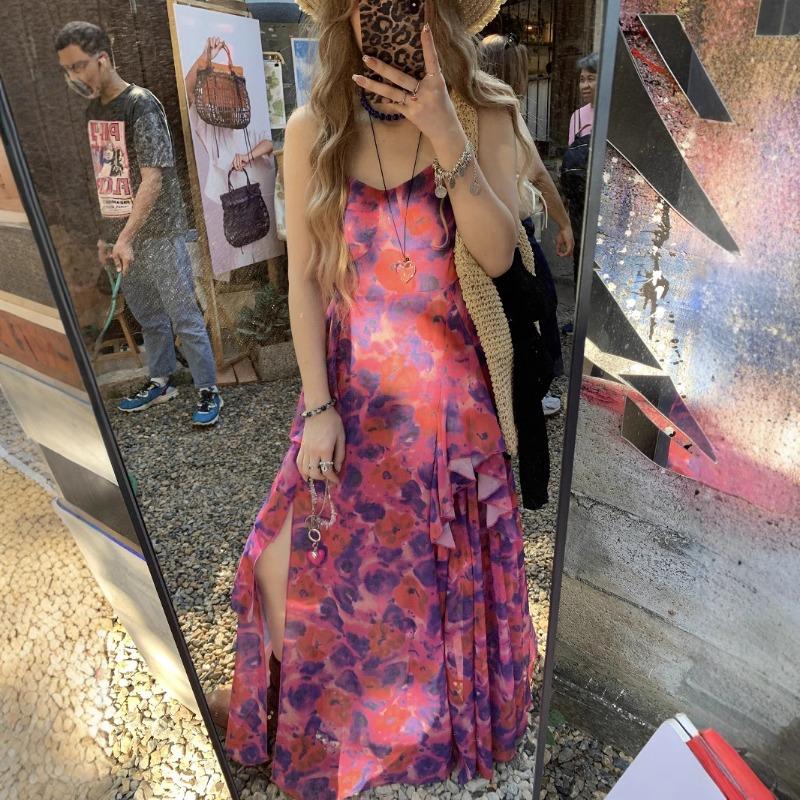 Damen Blumen Taille, Rüschenkante Schlitz Slim-fit Neckholder Kleid Sommer Schlankheitskleid