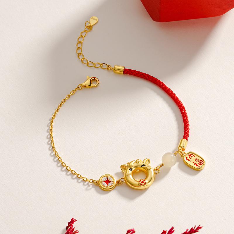 Ticia S925 Silver Horse Peace Buckle Bracelet, 2026 Year of the Horse Red Rope - Women s Chinese Style Trend. 925 Silver