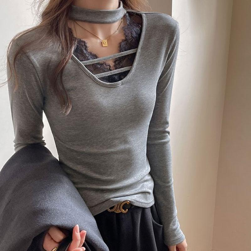 Stylish Lace Patchwork Slim Pullovers Autumn Winter Solid Color Female Clothing V-Neck Casual Long Sleeve Halter Basic T-shirts