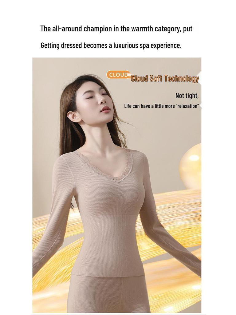 Women's Cashmere Silk Lace Seamless Thermal Set with Chest Pads: Slimming Base Layer for Autumn/Winter