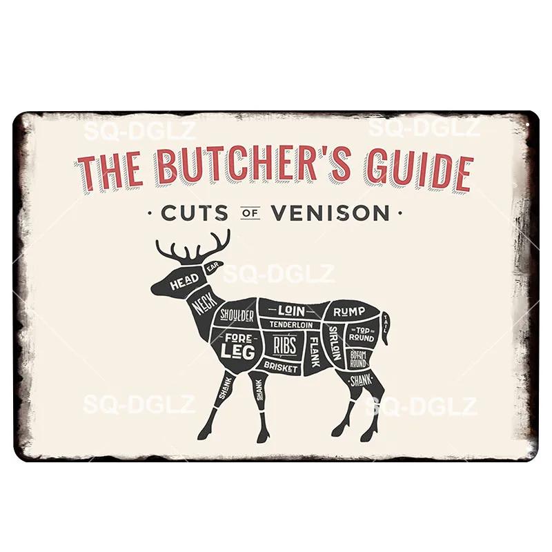Hisun Tin Sign Vintage Butchers Guide Meat Cuts Metal Tin Sign Set Retro Butcher Shop BBQ Wall Art Decor for Kitchen Restaurant Bar Rustic Iro