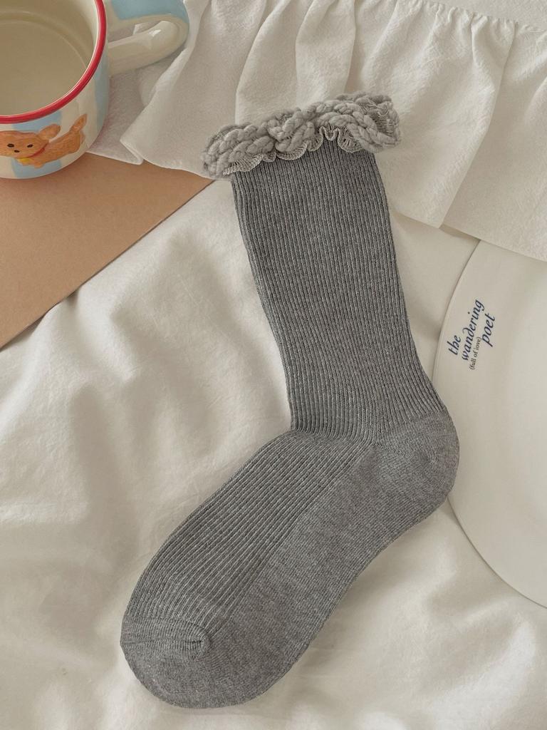 Women's Spring and Autumn Solid Color Versatile Knit Lace Mid Tube Stack Socks