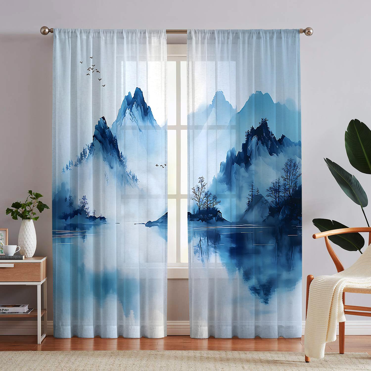 

Hd Digital Ink Mountain Range Printed Window Screen Home Decor Style Decoration Living Room Bedroom Rod Curtain Set Of 2 Made Polyester Washable Great W100*H70(CM)-Rod Pocket&2PCS