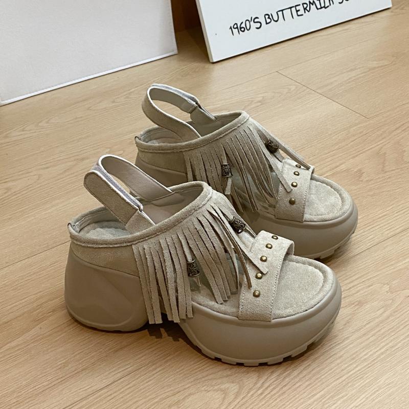 Fashion Bohemia Metal Rivet Decoration Fringe Suede Sandals Women 2025 Summer Chunky Platform Wedge Heel Sandals Casual Back Strap Shoes