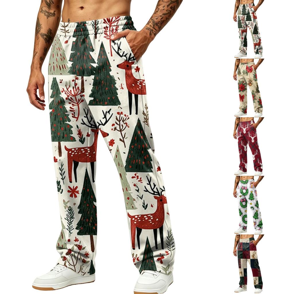 Men's Fashion Casual Loose Fit Wide Leg Christmas Print Sports Pants with Pockets