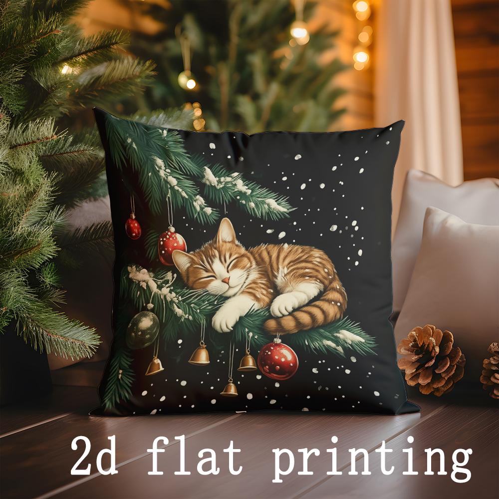 

Home Decor Christmas Cat & Candle Decorative Pillow Covers Pattern Cushion Cover Suitable for Sofa Bedroom Car Pillow Cover 16x16Inch